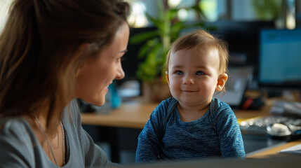 Parent and infant at employment faceless mother baby defocused workplace background working parent scene childcare integration moment professional family visualization with