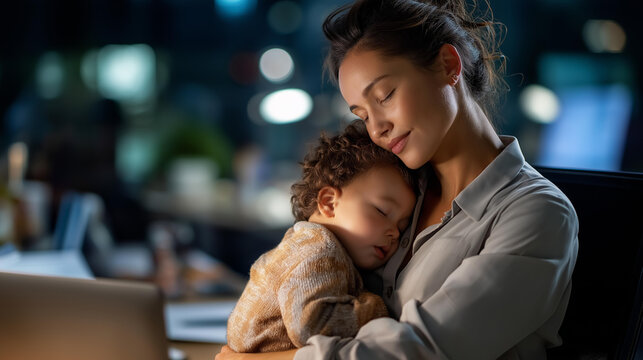 Pretty young professional stands at work desk holding sleeping youngster faceless businesswoman son defocused office background multitasking happiness scene dual