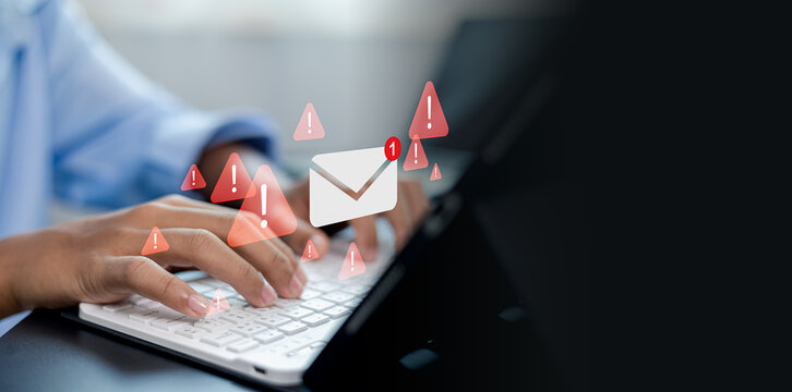 Email Warning Alert and Cybersecurity Risk Notification on Laptop - Powered by Adobe