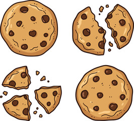 Cartoon Chocolate Chip Cookie Vector Set Featuring Whole, Cracked, and Fragmented Pieces with Crumbs for Sweet Snack and Dessert Illustration.