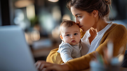 Multi tasking freelance and parenthood concept faceless working parent infant defocused home office background laptop computer scene maternal employment moment with copy space