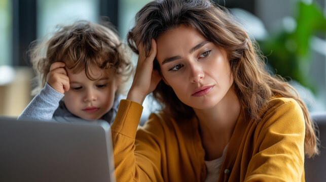 Business individual and parent trying to work on laptop when little youngster playing interrupts faceless woman daughter defocused background freelance work interference - Powered by Adobe