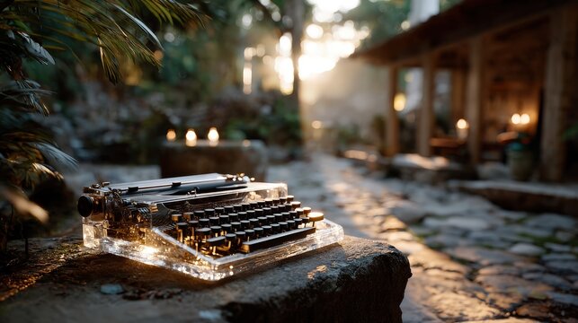 A vintage typewriter made of crystal sits elegantly on a stone surface, reflecting a warm sunset glow that enhances the scene with an aura of nostalgia and serene beauty in nature's embrace.