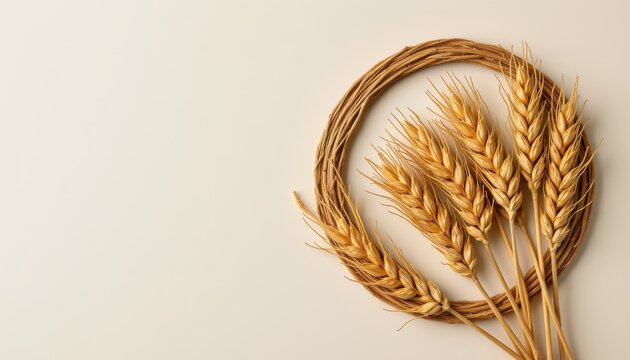 Close up of golden wheat stalks resting against a rustic brown twisted vine circle on a pale surface