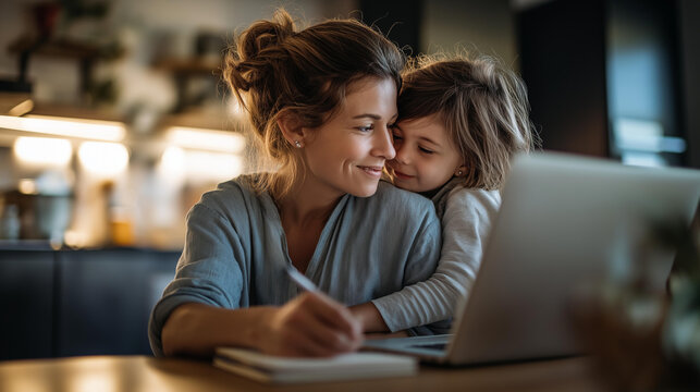 Working parent from home office with youngster faceless happy woman child defocused kitchen table background using laptop cute drawing notebook freelancer workplace female