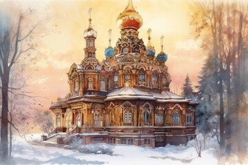 Fototapeta premium An atmospheric watercolor illustration of a Russian Orthodox church with rich architectural details, carved facades, and domes of varying shapes and colors. 