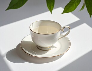 Porcelain Teacup with Gold Trim – Elegant Minimalism in Sunlit Leaf Shadows