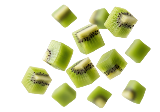 Vibrant green, perfectly diced kiwi fruit cubes with tiny seeds, falling mid-air on a transparent background with shallow depth of field, dynamic food presentation concept.