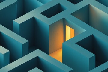 Fototapeta premium Abstract teal maze with golden-lit exit corridor, minimal isometric concept symbolizing breakthrough, direction and clarity in business