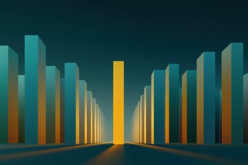 Tall golden pillar standing above symmetrical grid, abstract business metaphor for leadership, focus and standout success