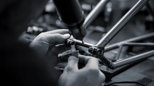 Shot of technician inspecting aluminum frame joints for mountain bike emphasizing precision engineering for toughness and lightweight cycling performance.