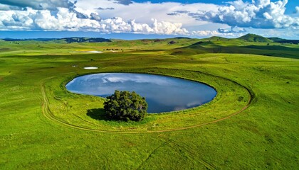 Green pasture landscape, featuring a large pond reflecting sky, with a tree on a grassy bank