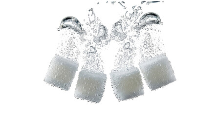 Four white refined sugar cubes dissolving in pristine clear liquid, releasing rapidly ascending effervescent bubbles, against transparent studio, concept for beverage advertising