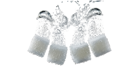 Four white refined sugar cubes dissolving in pristine clear liquid, releasing rapidly ascending effervescent bubbles, against transparent studio, concept for beverage advertising