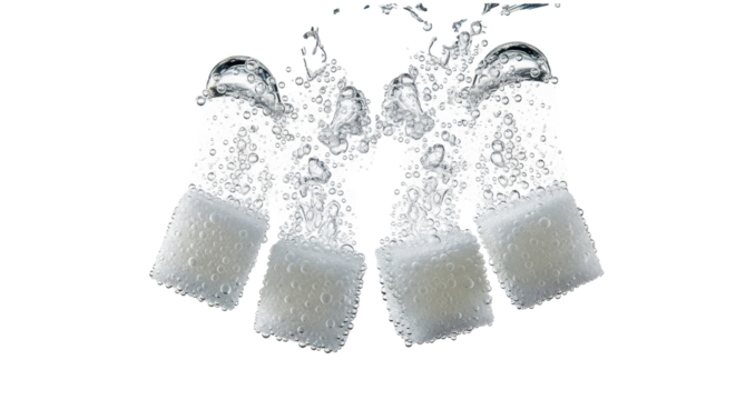 Four white refined sugar cubes dissolving in pristine clear liquid, releasing rapidly ascending effervescent bubbles, against transparent studio, concept for beverage advertising