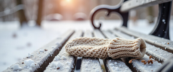 Forgotten child's mitten with a snowflake lying on a snowy park bench  