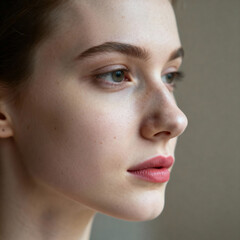 Close-up Profile Portrait of Young Woman with Natural Skincare and Pink Lipstick
