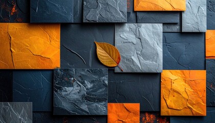 An abstract array of textured, painted squares of varying colors. A leaf lays on one