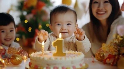 Video A young child sitting in front of a decorated birthday cake, ready for celebration - Powered by Adobe
