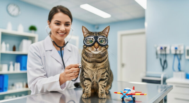Cat wearing aviator goggles getting checkup in veterinary clinic, playful pet health and animal care - Powered by Adobe