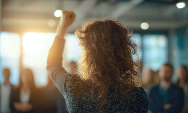 Asian businesswoman celebrates major success with confident joyful expression, the energetic atmosphere captures teamwork, corporate achievement in modern office.