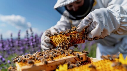 Beekeeper in full protective gear holding and inspecting a frame with comb and bees