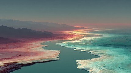 Fototapeta premium Panoramic view of a dramatic coastal landscape, with mountains, sea, and sunset hues