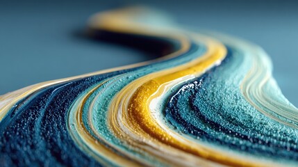 Swirling, textured abstract wave of blue, yellow, and teal hues on a blurred blue backdrop