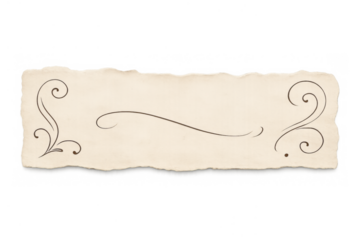 Vintage torn paper banner with decorative ornate swirls, old antique frame, empty textured parchment scroll element with transparent background