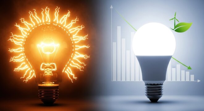 A glowing light bulb with a green leaf on it, placed on a dark background with a graph in the background.