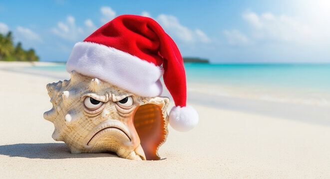 Grumpy seashell wearing Santa hat on tropical beach, holiday humor and vacation irony
