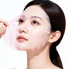 Young Asian Woman Removing Pink Hydrating Sheet Mask Skincare