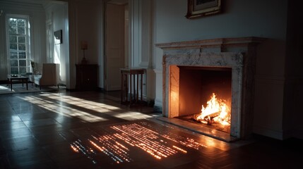 A beautifully designed living room featuring a marble fireplace with a flickering fire, casting warm shadows in an elegant space that exudes comfort and sophistication.