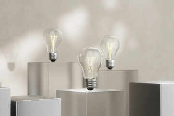 3D render of illuminated bulbs floating above silver pedestals