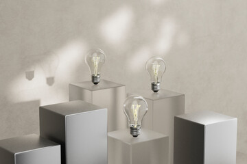 3D render of light bulbs on minimal geometric pedestals with soft shadows