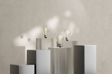 3D render of creative idea concept with light bulbs and white blocks