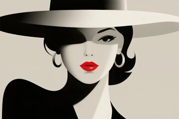 Stylized illustration of a woman wearing a wide-brimmed hat and red lipstick
