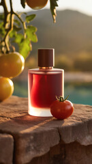 Perfume bottle positioned next to a bright red tomato, creating an artistic still life with contrasting elegance and vibrant natural color.