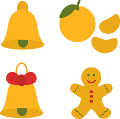 Christmas bell, orange and gingerbread set, festive New Year elements, cozy holiday illustration