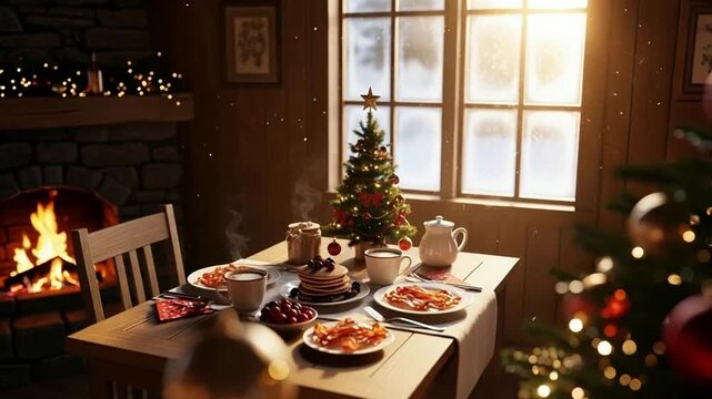 Warm Christmas Morning Breakfast Scene with Pancakes, Bacon, Coffee, and a Cozy Fireplace