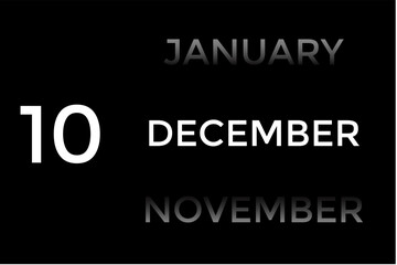 December 10 calendar with black background. A minimalist calendar template with well-structured date boxes and a sleek layout. This image is ideal for illustrating concepts such as time planning