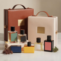 Collection of colorful perfumes displayed indoors, possibly in a miniature house, showcasing diverse bottles and artistic arrangement in a charming still life setup.