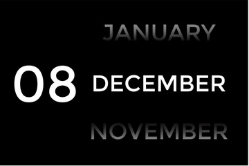 December 8 calendar with black background. A minimalist calendar template with well-structured date boxes and a sleek layout. This image is ideal for illustrating concepts such as time planning