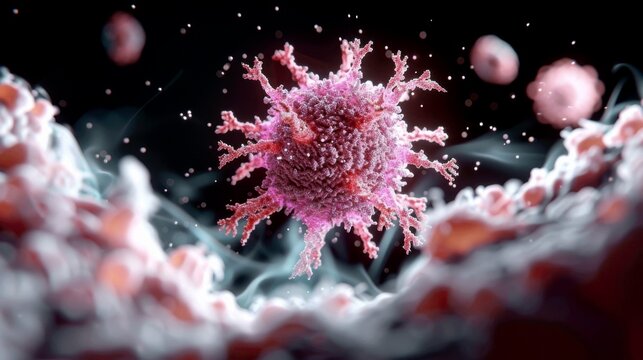 a virus particle in the process of attaching its spike proteins to the receptors on a healthy human cell membrane