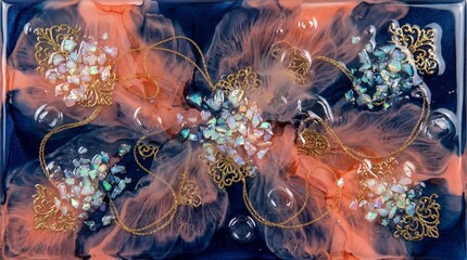 Luxurious Abstract Resin Art Photo showcasing a Dynamic Blend of Peachy Tones and Deep Azure, Embellished with Glimmering Opal Shards and Delicate Golden Chains.