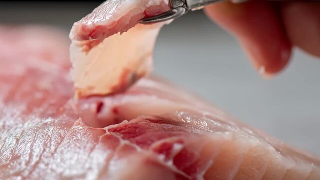 Closeup of specialized pin bone removal tool gripping fish bones precisely from fresh fillet highlighting meticulous extraction for culinary preparation.