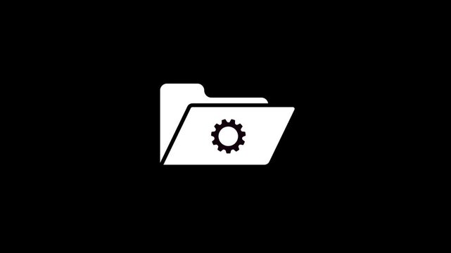 Simple white folder icon with a dark gear symbol inside representing settings configuration and data management
