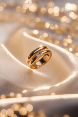 Gold ring with diamonds elegantly placed on white fabric, highlighting luxurious sparkle and refined jewelry presentation in a sophisticated still life setup.