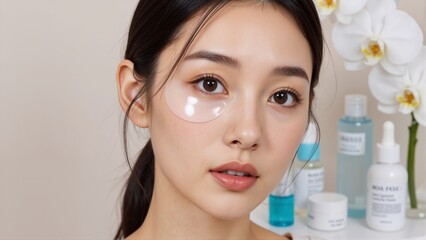 Asian beauty model skincare eye patch routine