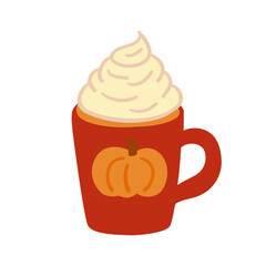 Pumpkin Spice Latte topped with whipped cream. Autumn coffee in red rustic mug